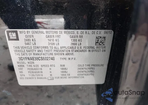 2012 Cadillac Srx Luxury Collection from USA, damaged, VIN 3GYFNAE38CS602740